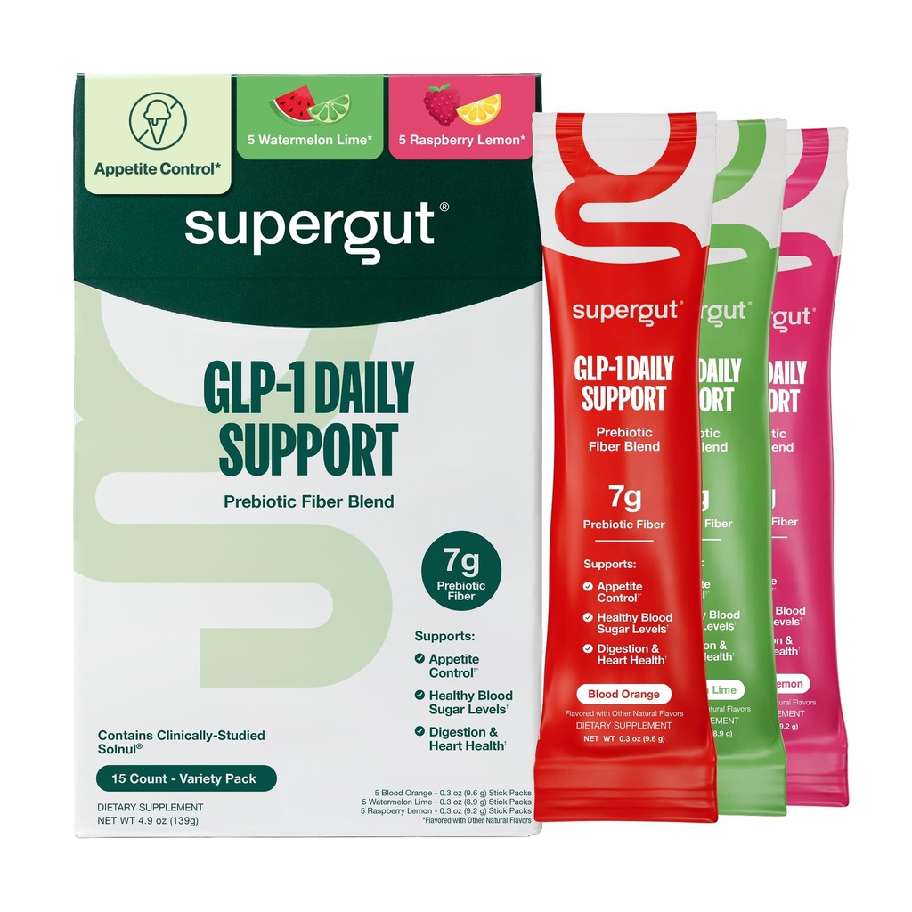 Supergut GLP1 Daily Support, Variety Pack - High Fiber GLP-1 Supplement Powder for Women & Men - Sugar-Free Drink Mix for Gut Health & Digestive Support (15 Servings)