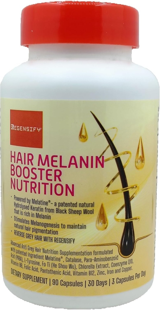 REGENSIFY Hair Melanin Booster Toitumine [Anti Grey Hair Supplement for Men & Women | Melatine®, Katalaas, PABA, L-türosiin, He Shou Wu, Chlorella Extract, CoQ10, Foolhape, Pantoteenhape]