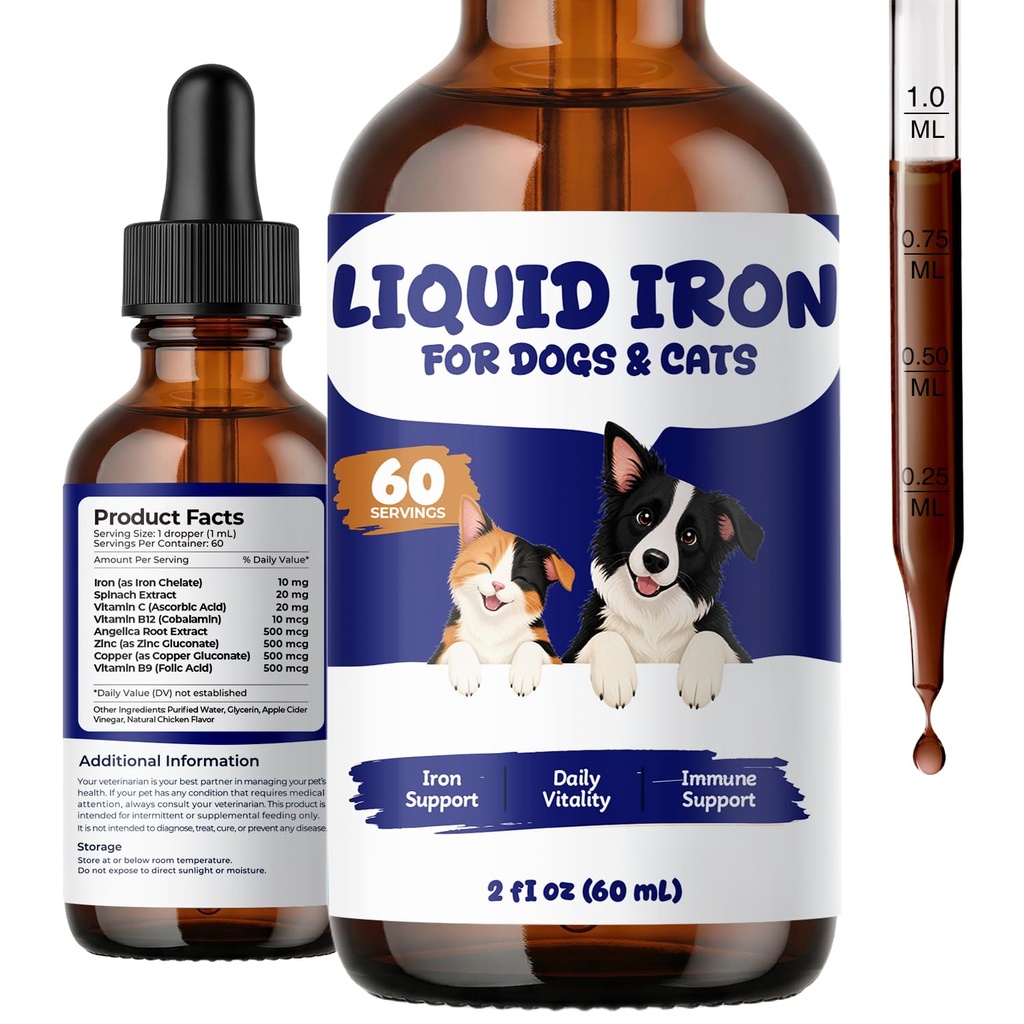 Liquid Iron Supplement for Dogs & Cats, Blood Health & Vitamin B12 Drops