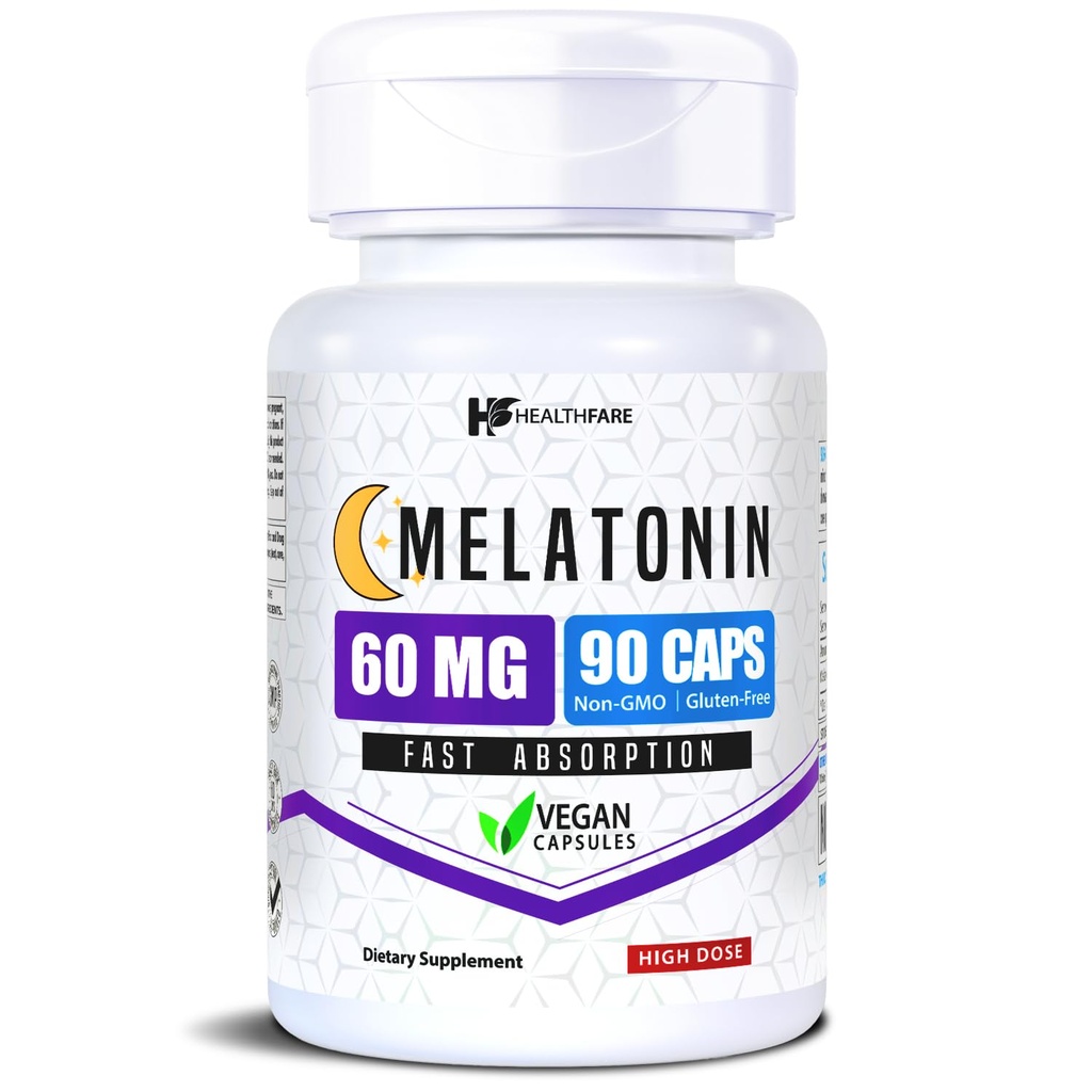 Tervishoid Melatoniin 60mg | 90 Veg kapslid | suure tugevusega valem | Taimetoitlane, mitte-GMO, gluteenivaba | Valmistatud USA-s