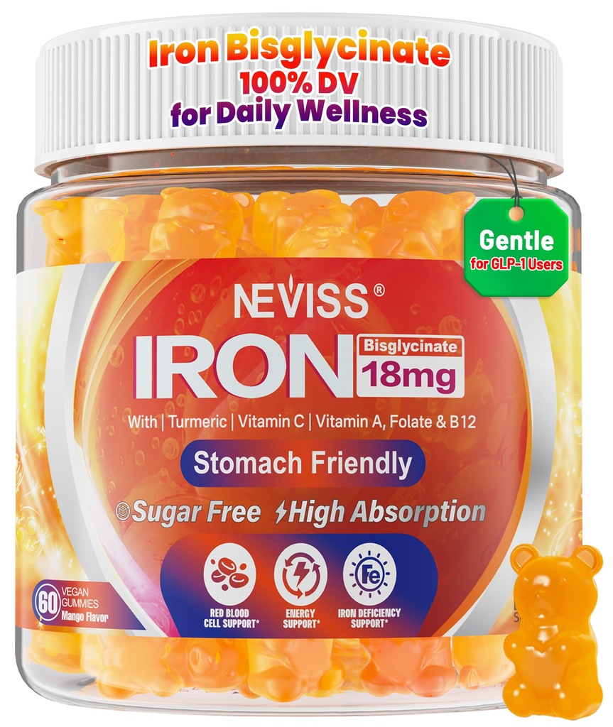 Daily Iron Gummies for Women with Vitamin C & Turmeric, Sugar-Free, Gentle