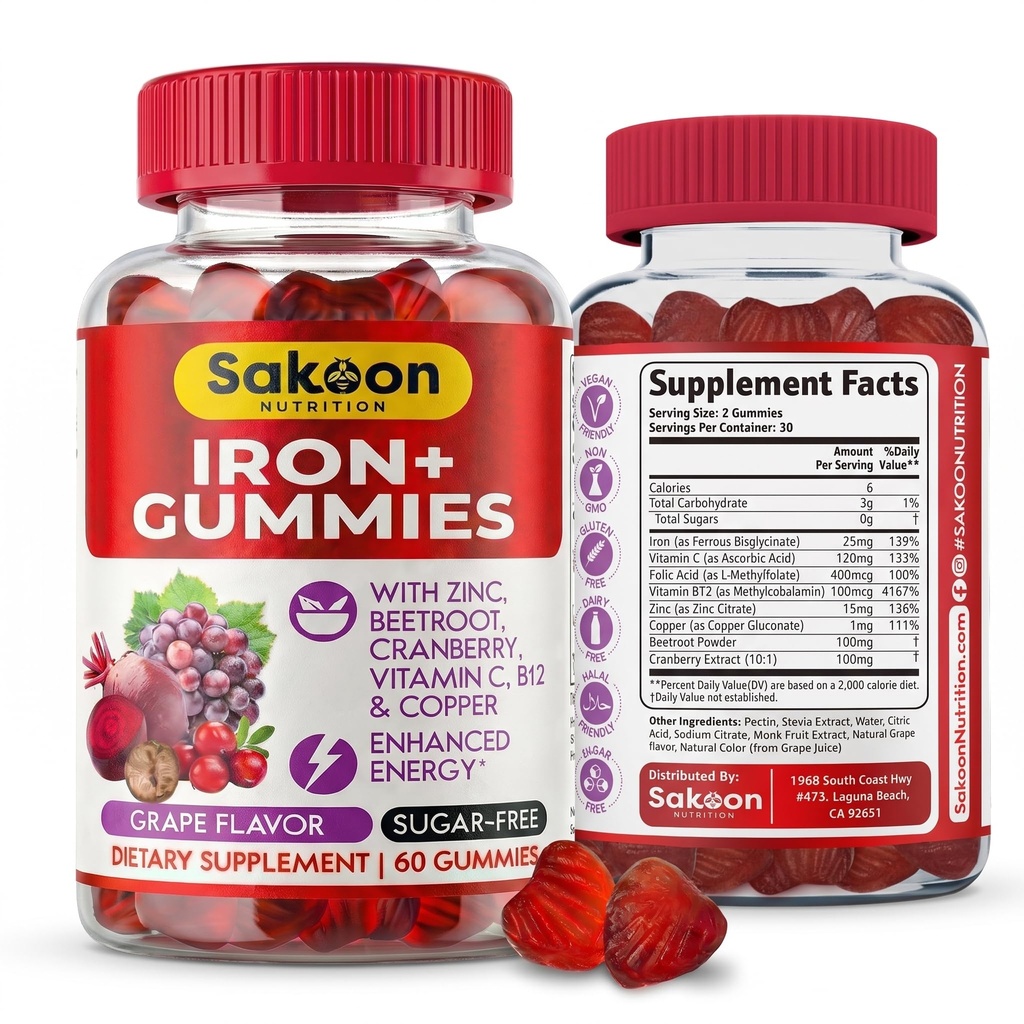 Iron Gummies for Women & Men – Sugar Free Iron Supplement with Vitamin C, B12 & Zinc for Energy, Blood Health & Immune Support – Vegan, Grape Flavor, 60 Gummies