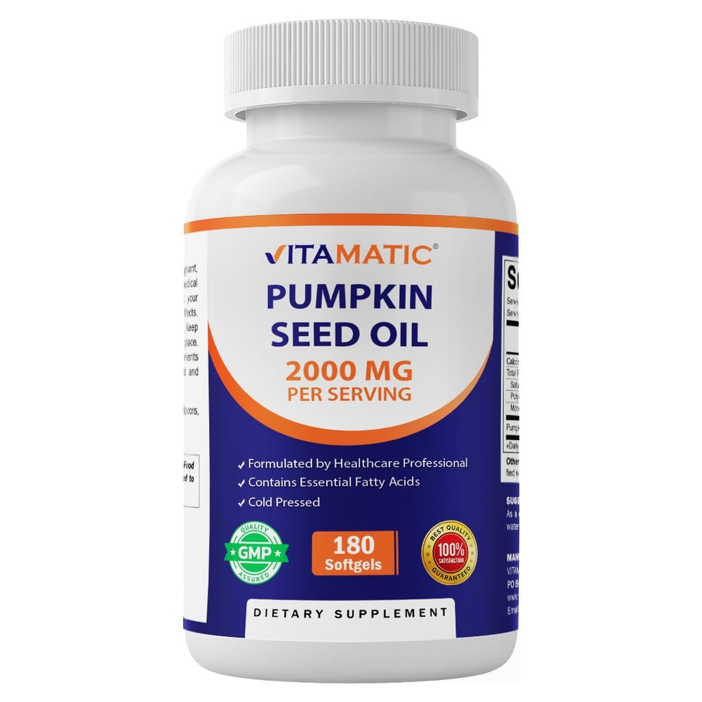 Vitamatic Pumpkin Seed Oil 2000mg Softgel Capsules per Serving - 180 Softgels - 1000mg pehmegeeli kohta