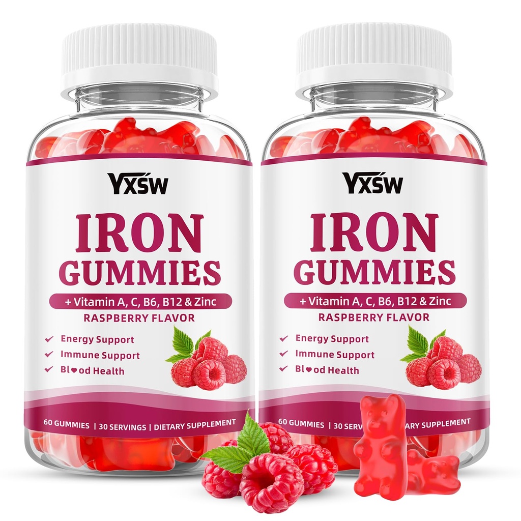 Iron Gummies for Women & Men, Vegan Iron Supplement Gummies with Vitamin C, A, B-Complex, Folate, Zinc- for Immune Health & Energy Support, Raspberry Flavor, 120 Count