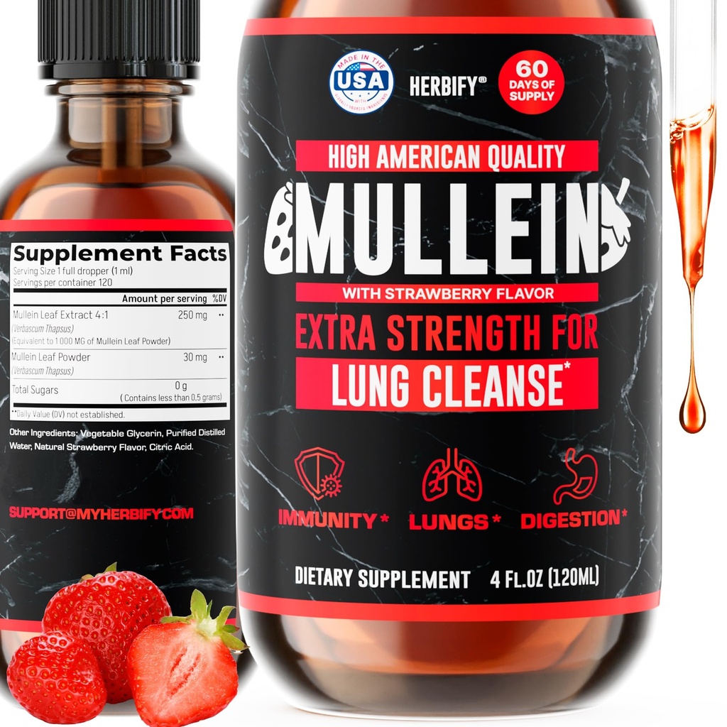 HERBIFY Mullein tilgad - Lung Cleanse - Leaf Extract - Powerful Mullein immuunsuse toetamiseks, detox & hingamise toetamiseks - Made in USA - 4 Oz Maasikamaitse