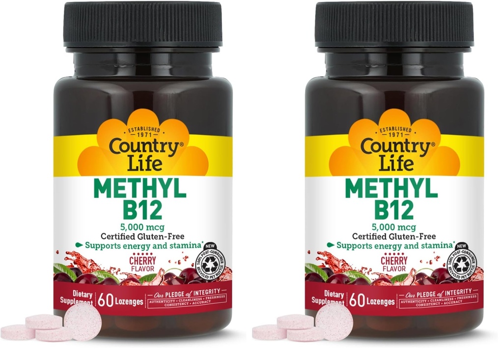 Country Life Methyl B12, Supports Energy & Stamina, 5,000mcg, 60 Lozenges, Certified Gluten Free, Certified Vegan, Certified Non-GMO Verified (Pack of 2)