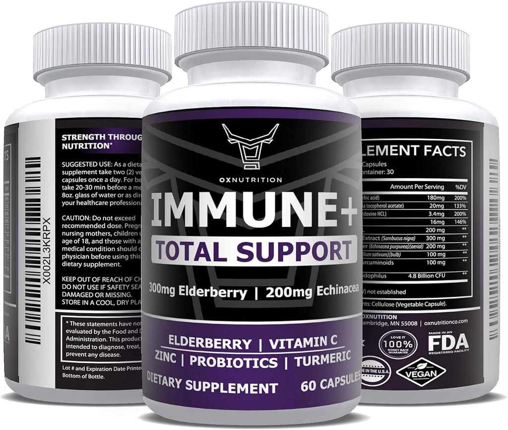 OX Nutrition 10 in 1 Elderberry, C-vitamiin, tsink, E-vitamiin, B6-vitamiin, ehhinaatsia, küüslauk, kurkum, L-glutamiin HCL ja Lactobacillus probiootikumid ja antioksüdandid immuunkaitseks 1 kuu pakkumine