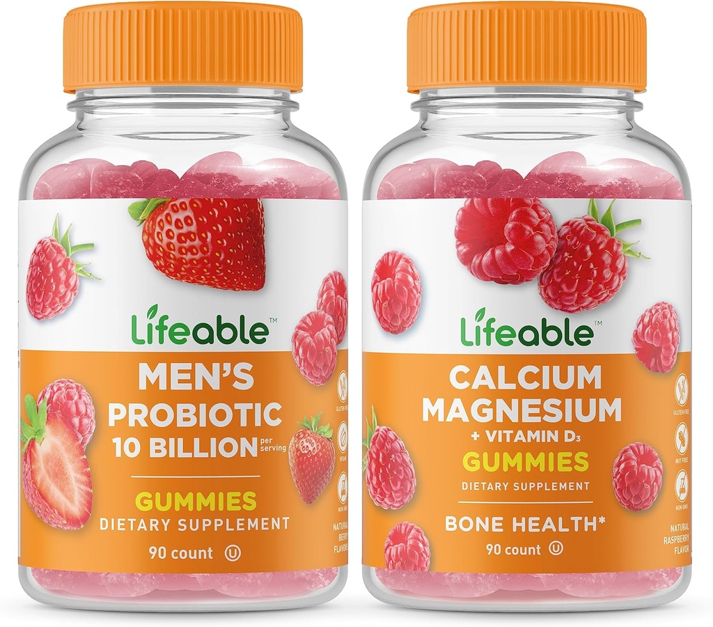 Elukõlblikud meeste probiootikum 10 miljardit + kaltsiumi magneesium, Gummies Bundle - suurepärane maitse, vitamiinilisand, gluteenivaba, GMO-vaba, närimiskumm