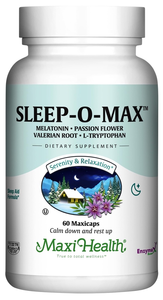 Maxi Health Täiskasvanud Taimne uni-O-Max koos Valerian Juur, melatoniin, trüptofaan, Passionflower - Natural Sleep Supplement - Rahuliku une toetus valem