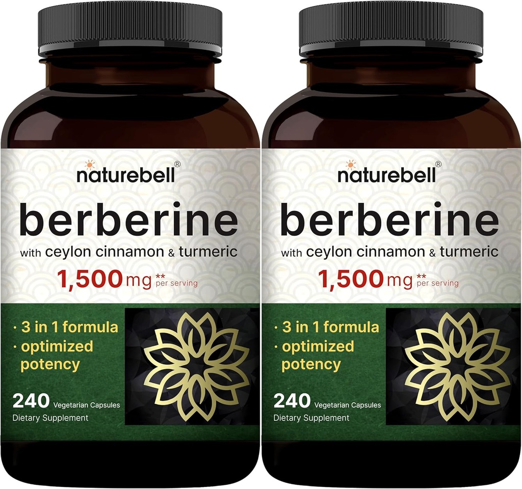 Berberine Supplement 1500mg koos Ceylon Cinnamon & Kurkum Juur, 480 Veggie Kapslid (2 Pack) | 97% Puhas Berberine HCL | Toetab Tasakaalustatud Suhkru Tase ja Südame Tervis | Vegan, Non-GMO