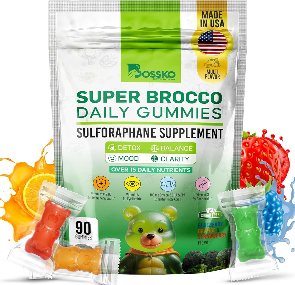Bossko Sulforaphane Gummies with Omega-3 – Broccoli Sprout Extract, EPA/DHA & Antioxidants – Cellular Health & Mood Support – 90 Vegan Gummies – Mixed Berry Flavors – Sugar-free