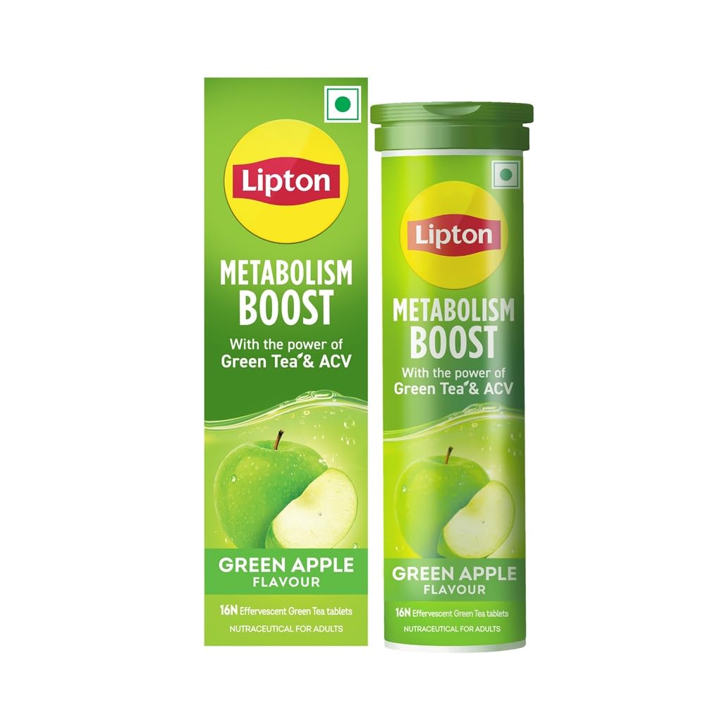 Lipton Metabolism Boost with 150mg Green Tea Catechins and 50mg ACV (Apple Cider Vinegar) | For Weight Loss & Fat Burn | Zero Calories | 16N Effervescent Tablets | Green Apple Flavour