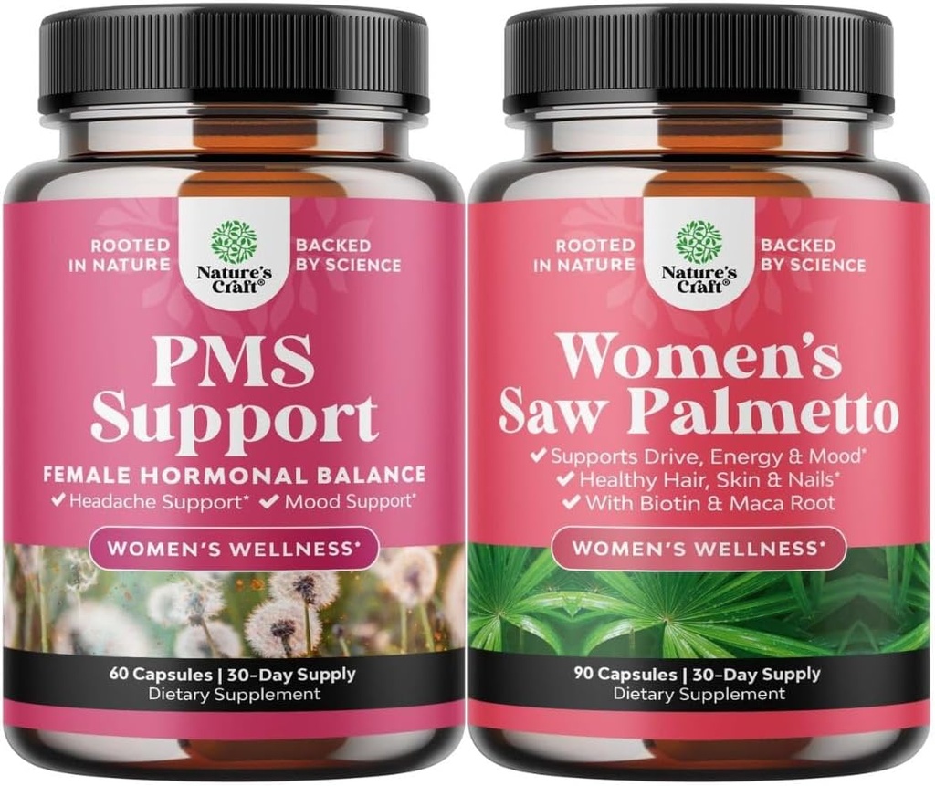 Bundle of PMS Support ja Saw Palmetto naistele - Hormooni tasakaalu DIM, Chasteberry, Black Cohosh & Ashwagandha jaoks perioodi krambid ja Saw Palmetto ekstrakt Maca Root & Biotin juuste väljalangemine