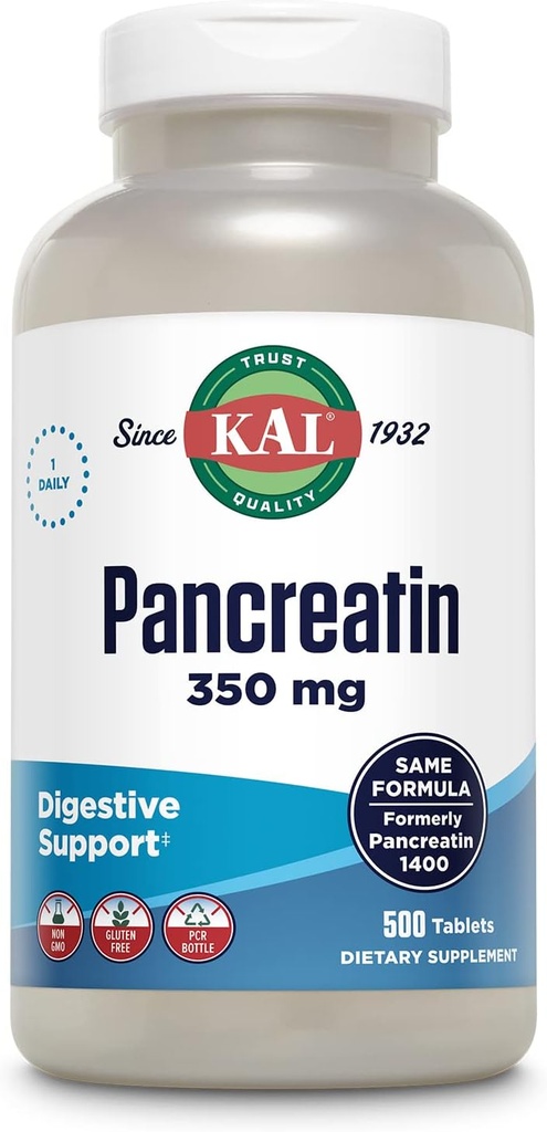 KAL pankreatin 350mg, seedetrakti ensüümid naistele ja meestele, kõhunäärme ensüümid seedetrakti tervise toetamiseks, gluteenivaba, mitte-GMO, kiire lagunemine, 60-päevane garantii, 500 serveerimist, 500 tabletti