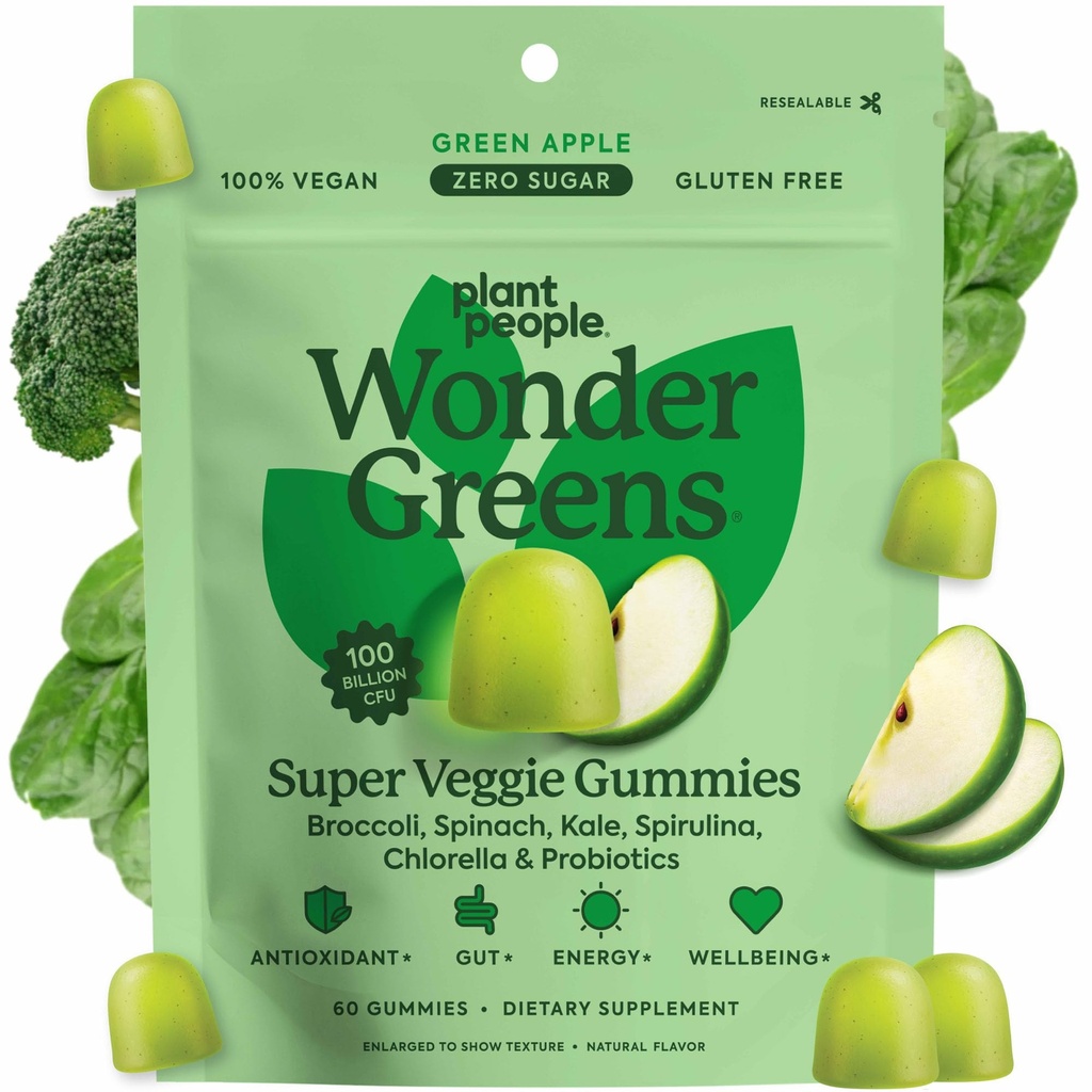 Taimed WonderGreens Veggie Gummies Super Greens koos probiootikumidega Multivitamiinide toetus Gummy heaolu, energia, immuunsüsteemi ja soolestiku tervise jaoks, roheline õunamaitse (60 krahv)