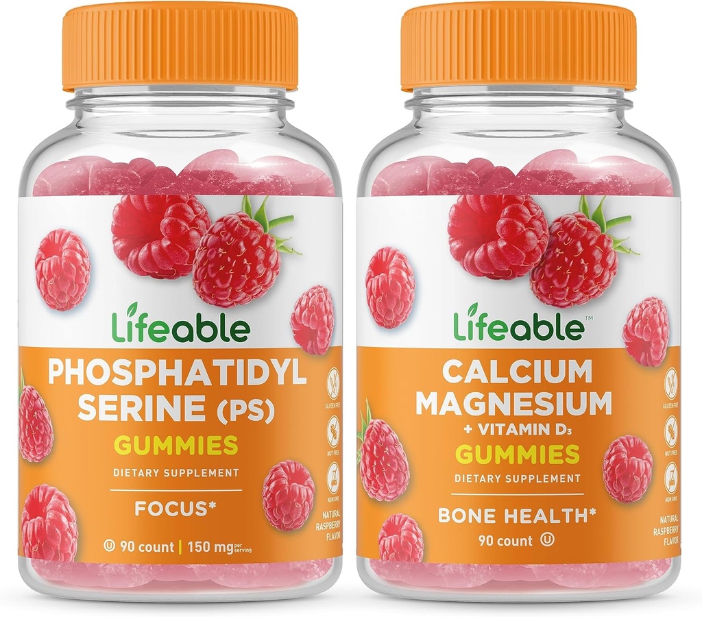 Elujõuline fosfatidüülseriin (PS) + Kaltsiummagneesium, Gummies Bundle - suurepärane maitse, vitamiinilisand, Gluteenivaba, GMO-vaba, närimiskumm