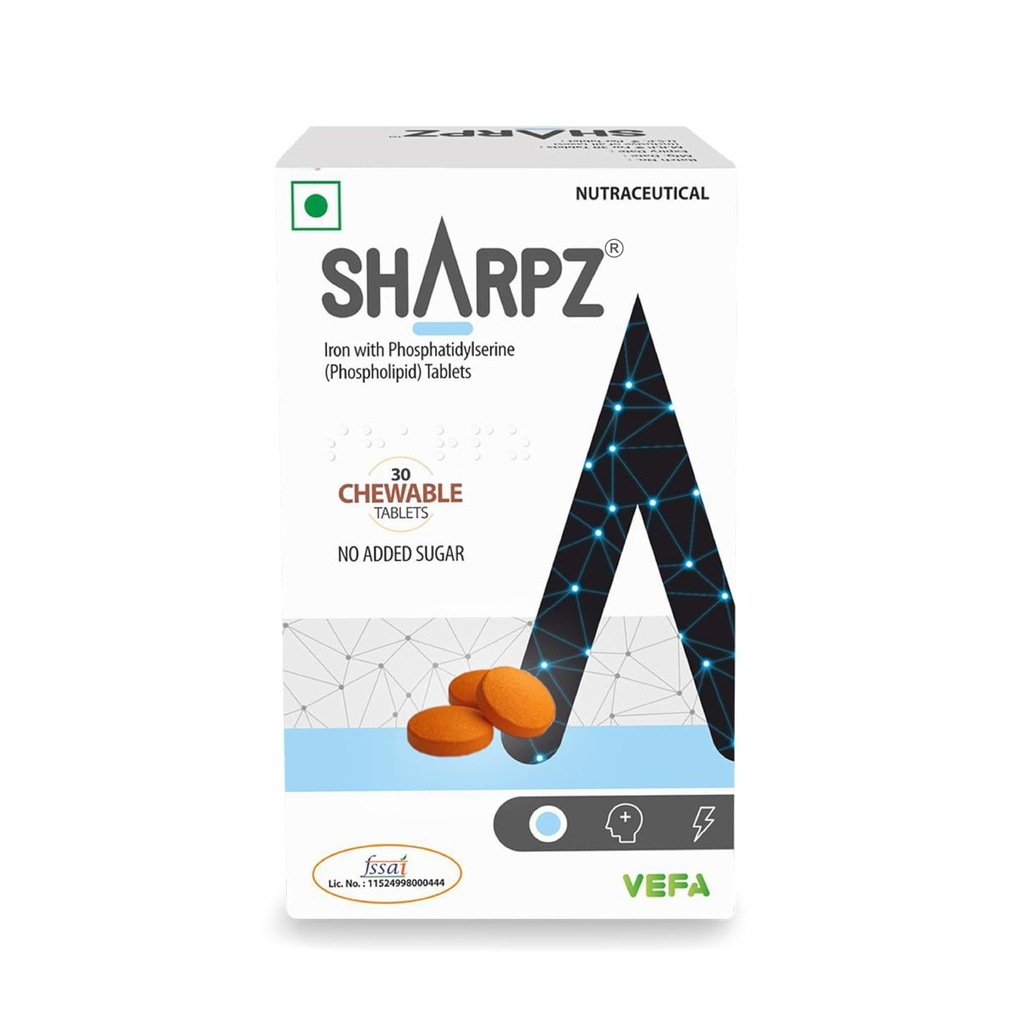 Sharpz Brain Supplement I Phospholipid (Phosphatidylserine) & Iron Supplement | Memory and Focus I No Added Sugar | 30 Chewable Tablets