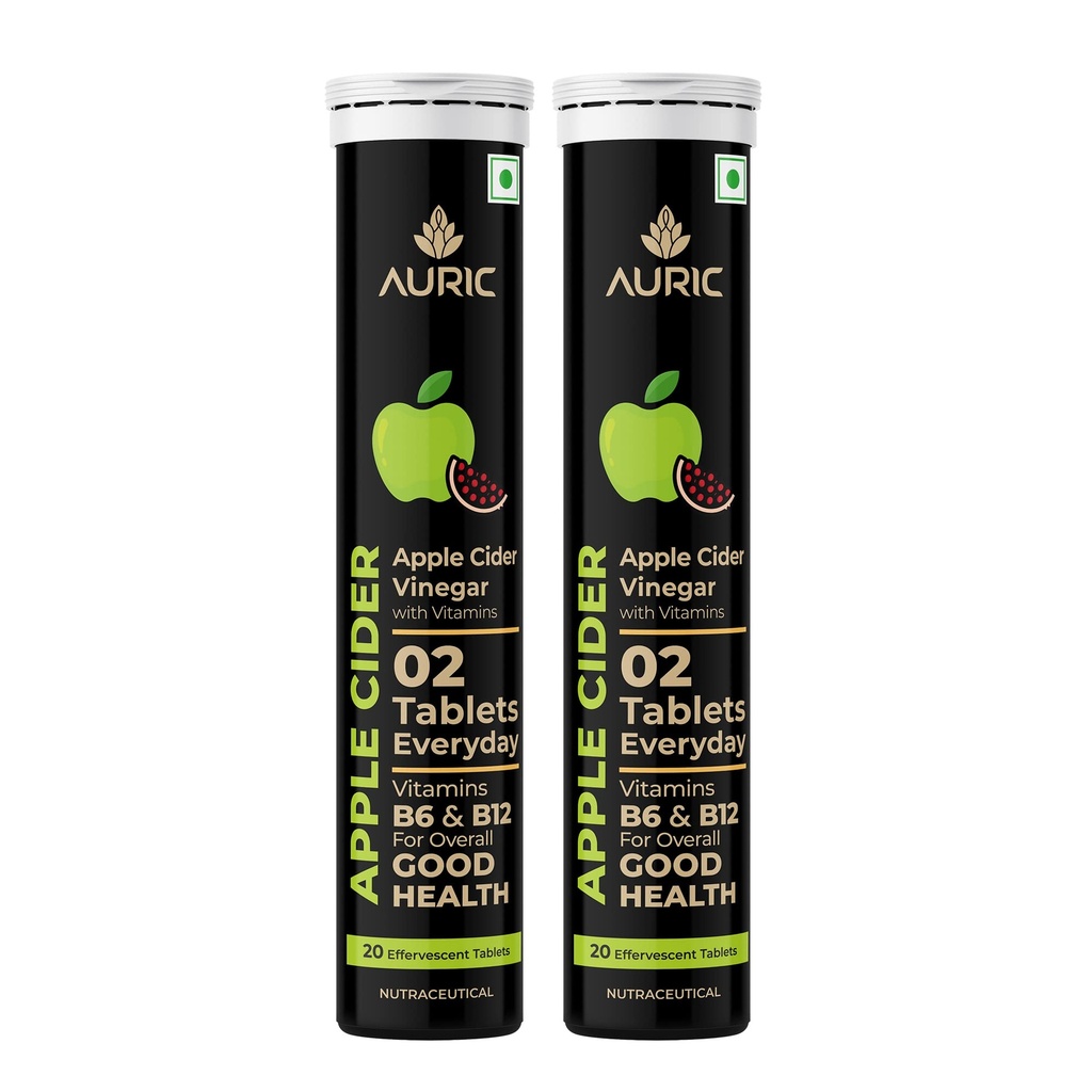 Auric Apple Cider Vinegar With Vitamins | 40 Acv Tablets With Vitamin B6 & B12 | Weight Loss & Metabolism Benefits | Bloating Relief & Gut Health For Men And Women | Taste Only Green Apple