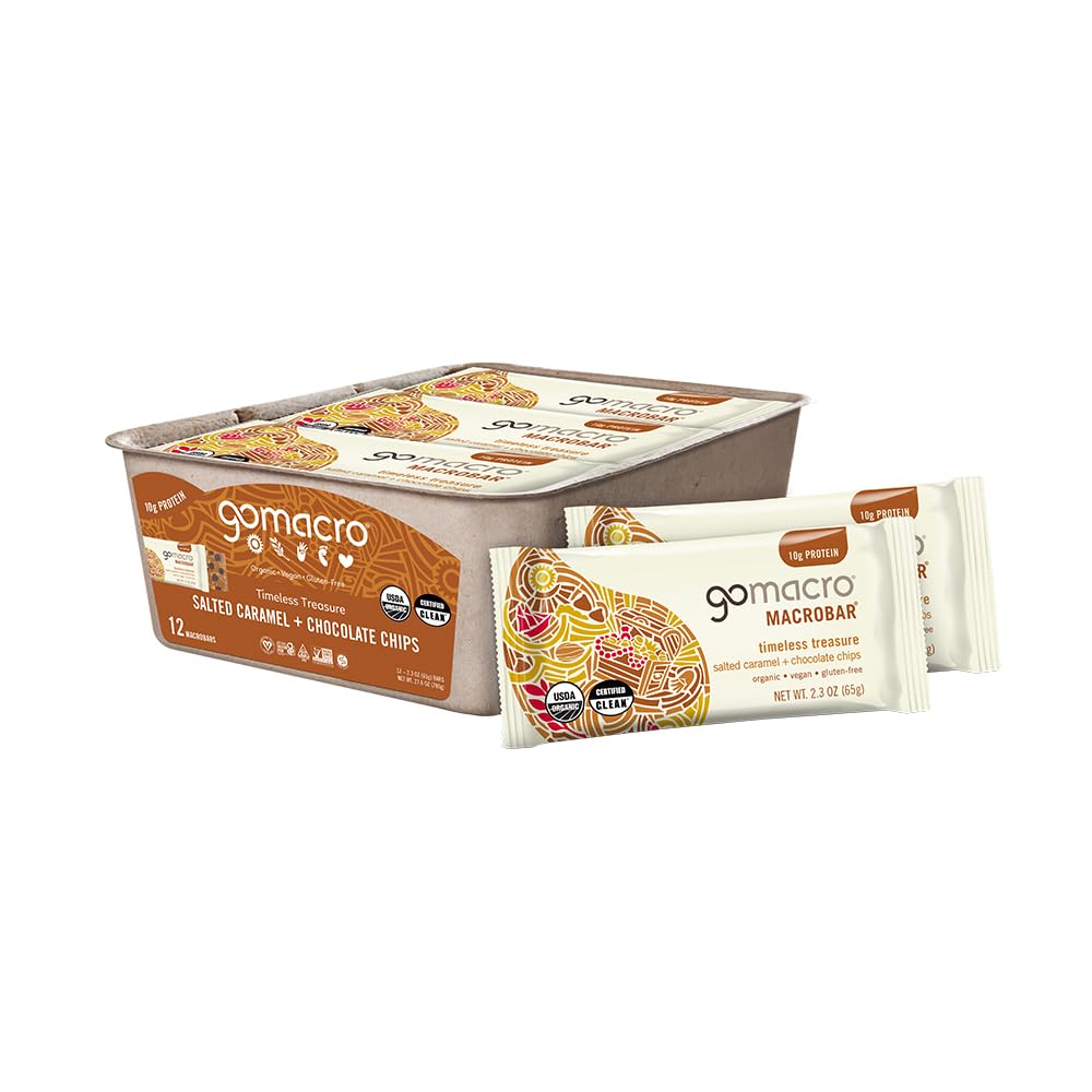 GoMacro MacroBar Organic Vegan Protein Bars - Soolatud Karamell + Šokolaadikiibid (2.3 Ounce Bars, 12 Count)