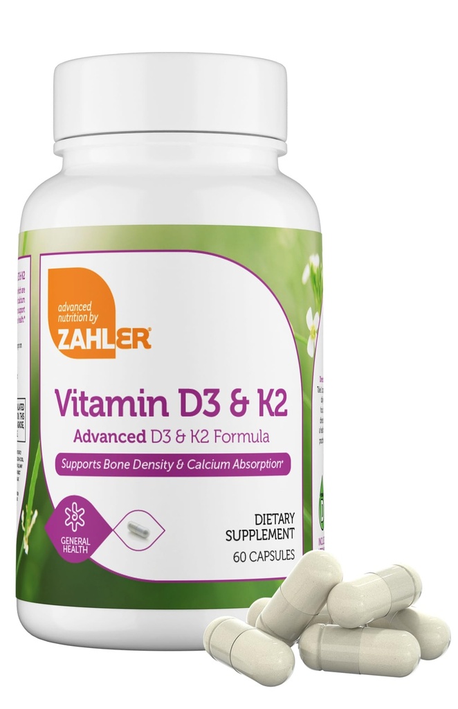 Zahler Vitamiin D3 5000 RÜ K2 - Advanced Vitamiin D3 K2 Valem - Luutihedus ja kaltsiumi imendumine - Kosher Taimetoitlane MK7 Vitamiin K2 D3 Vitamiin Supplement - VIT D3 K2, Vitamiin D K2 (60 kapslit)
