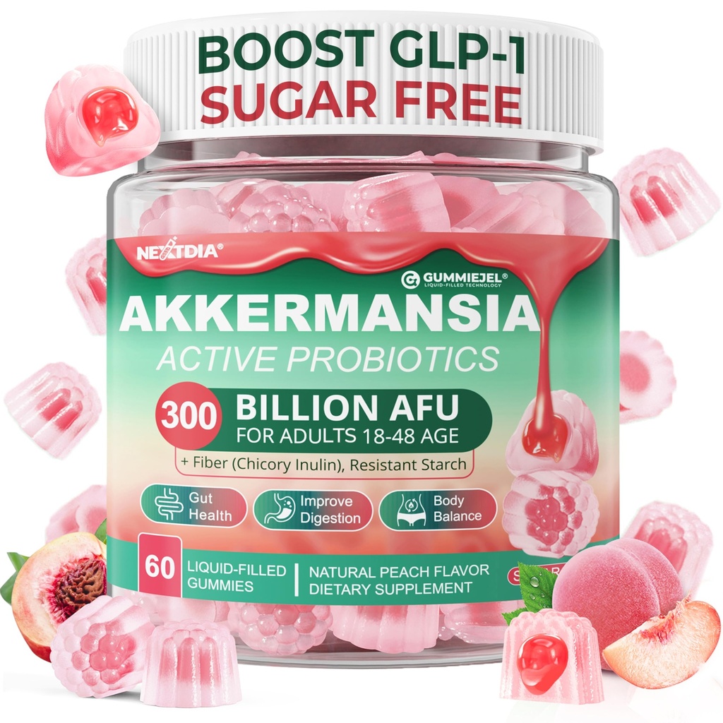 Akkermansia probiootikumid Gummies koos prebiootikumidega Fiber, 300 miljardit AFU Akkermansia Muciniphila, koos polüfenooli puuviljadega, vastupanu tärklis, vitamiin A3 B2 ainevahetusele, seedetraktile ja soolestiku tervisele, 1Pack