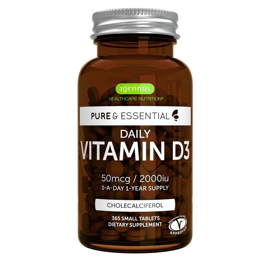 Igennus Daily Vitamiin D3 2000iu, 50 mcg, puhas etikett, 365 väikest tabletti, 1-aastane tarne, taimetoitlane kolekaltsiferool D-vitamiini lisand