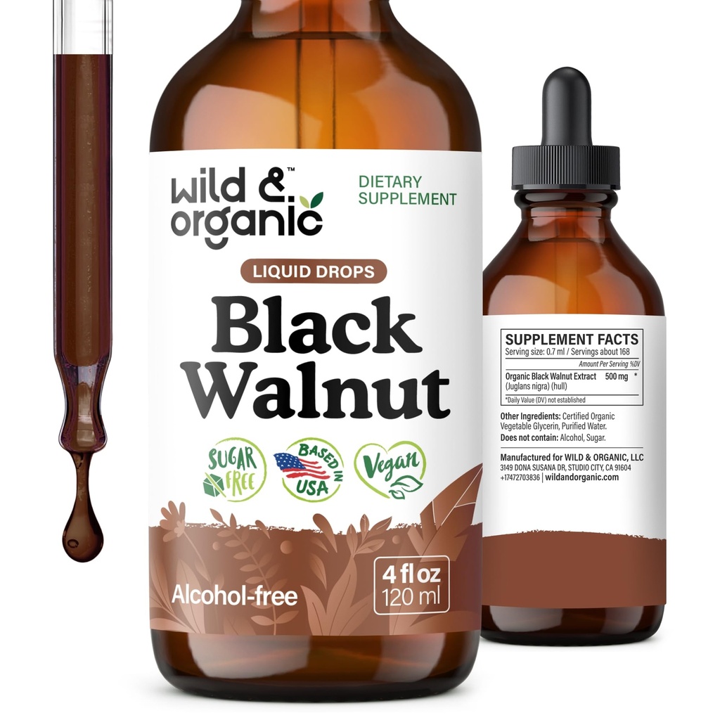 Wild & Organic Black Walnut Tinktuur - Detox Cleanse w / Black Walnut Hull Extract - Taimne täiendus soolestiku puhastamiseks Detox ja seedetrakti heaolu - Vegan, suhkur ja alkoholivaba - 4 fl oz