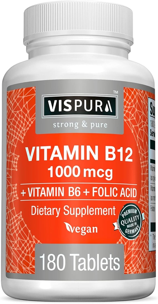 VISPURA Vitamiin B12 1000 mcg Metüülkobalamiin + B6/Foolhape, 180 vegan tabletti, parim toidulisand energia suurendamiseks, meeleolu parandamiseks, terav fookus *, orgaaniline täiendus