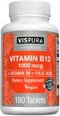 VISPURA Vitamiin B12 1000 mcg Metüülkobalamiin + B6/Foolhape, 180 vegan tabletti, parim toidulisand energia suurendamiseks, meeleolu parandamiseks, terav fookus *, orgaaniline täiendus