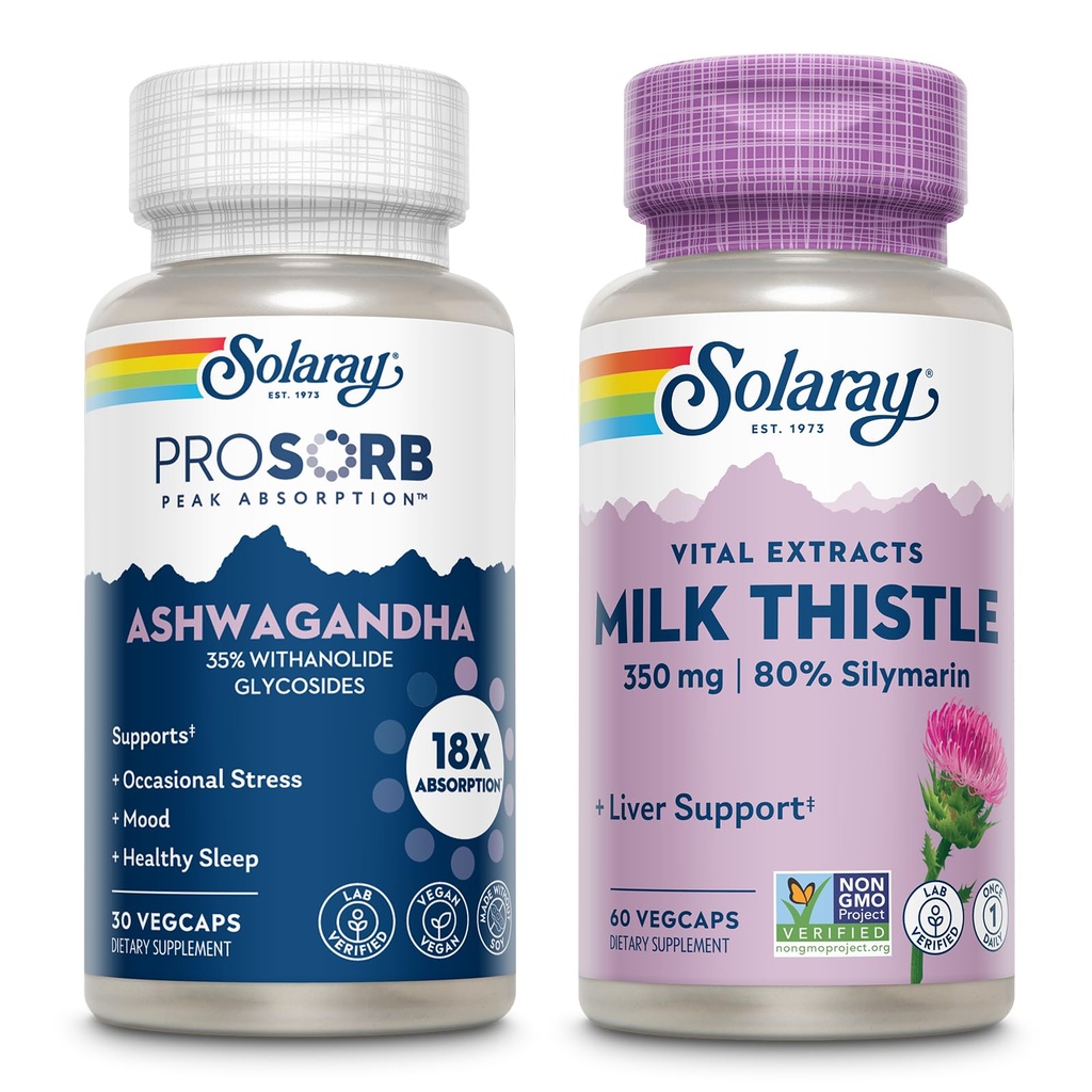 SOLARAY Ashwagandha ja Piimaohakalisandi Bundle, 18X Absorption Ashwagandha kapslid Mood Support Plus Piimaohakaekstrakt, Vegan, 60-päevane garantii, 30ct / 60ct