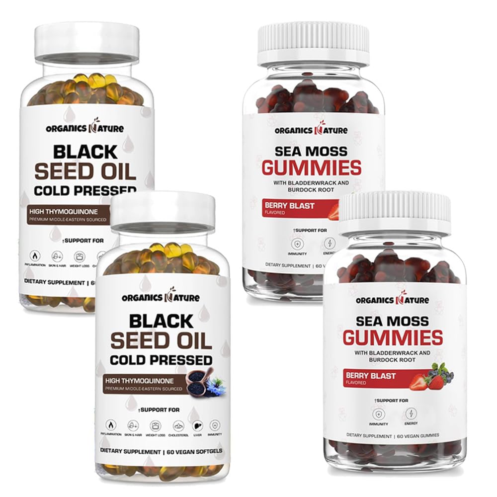 ORGANICS LOODUS Musta seemne õlikapslid (2 pudelit) ja merisamblakummid (2 pudelit) | Vegan Softgels, juustele, nahale, südamele, liigestele, kopsude detox, energia, lima selge, kilpnääre, seedimine Omega 3s
