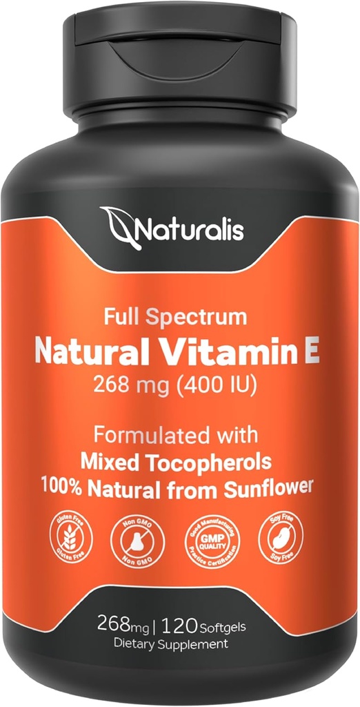 Naturalis Sunflower Vitamin E 268mg (400 IU) with Mixed Tocopherols | Essential Skin Vitamin & Immune Support | Non-GMO, Soy & Gluten Free | 120 Softgels