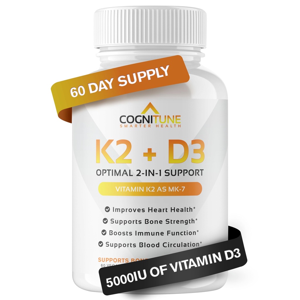 Vitamiin D3 5000 RÜ vitamiin K2 (MK7) täiendusega - Premium Immuunsüsteemi, südame ja luude tervisekapslid - Vitamiin K2 D3 kompleks 5000 RÜ D3-vitamiiniga ja 90 mcg K2-vitamiini mk7-60 loend