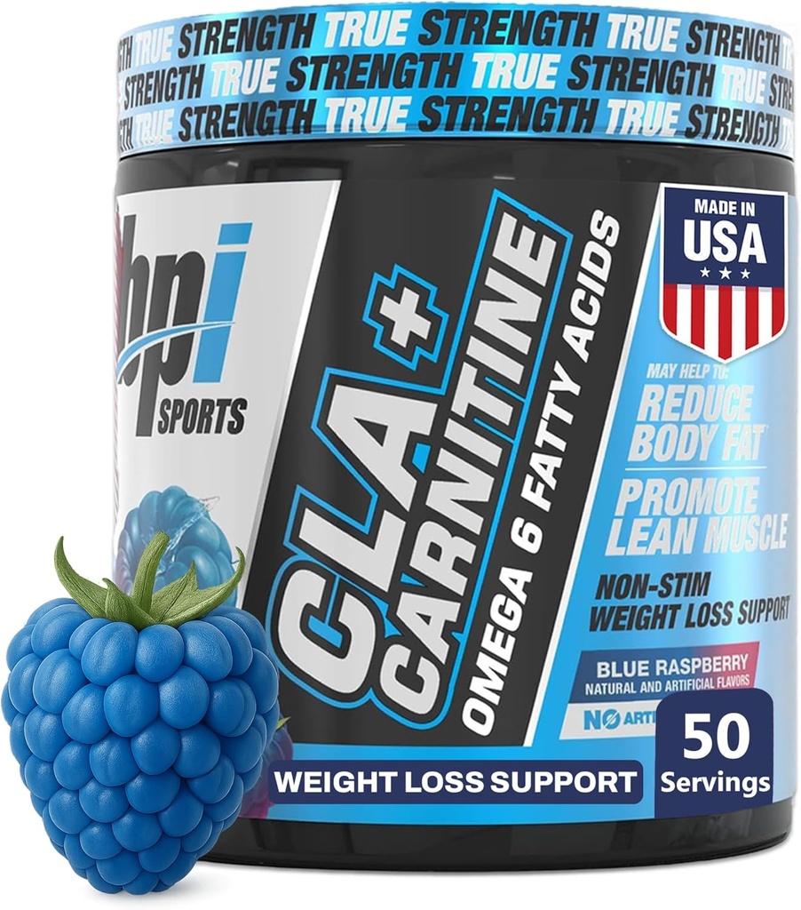 BPI Sports CLA + Karnitiin - CLA L karnitiin & linoolhape - L karnitiinilisa kaalulangus, ainevahetus ja lahja lihas - kofeiinivaba - sinine vaarika - 50 serveerimist - 12,34 oz