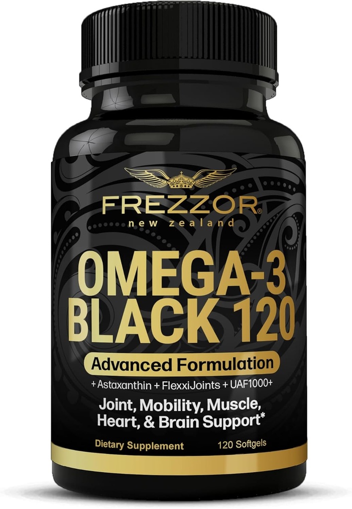 FREZZOR Omega 3 Black - Green Lipped Mussel Oil Capsules, Made in New Zealand, UAF1000+, No Fishy Aftertaste, 120 Count (Pack of 1)