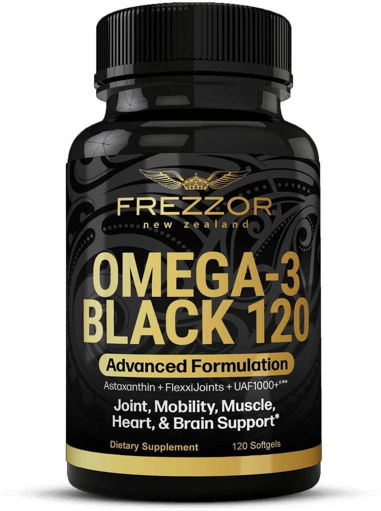 FREZZOR Omega 3 Black - Green Lipped Mussel Oil Kapslid, valmistatud Uus-Meremaal, UAF1000+, No Fishy Aftertaste, 120 Count (Pack of 1)