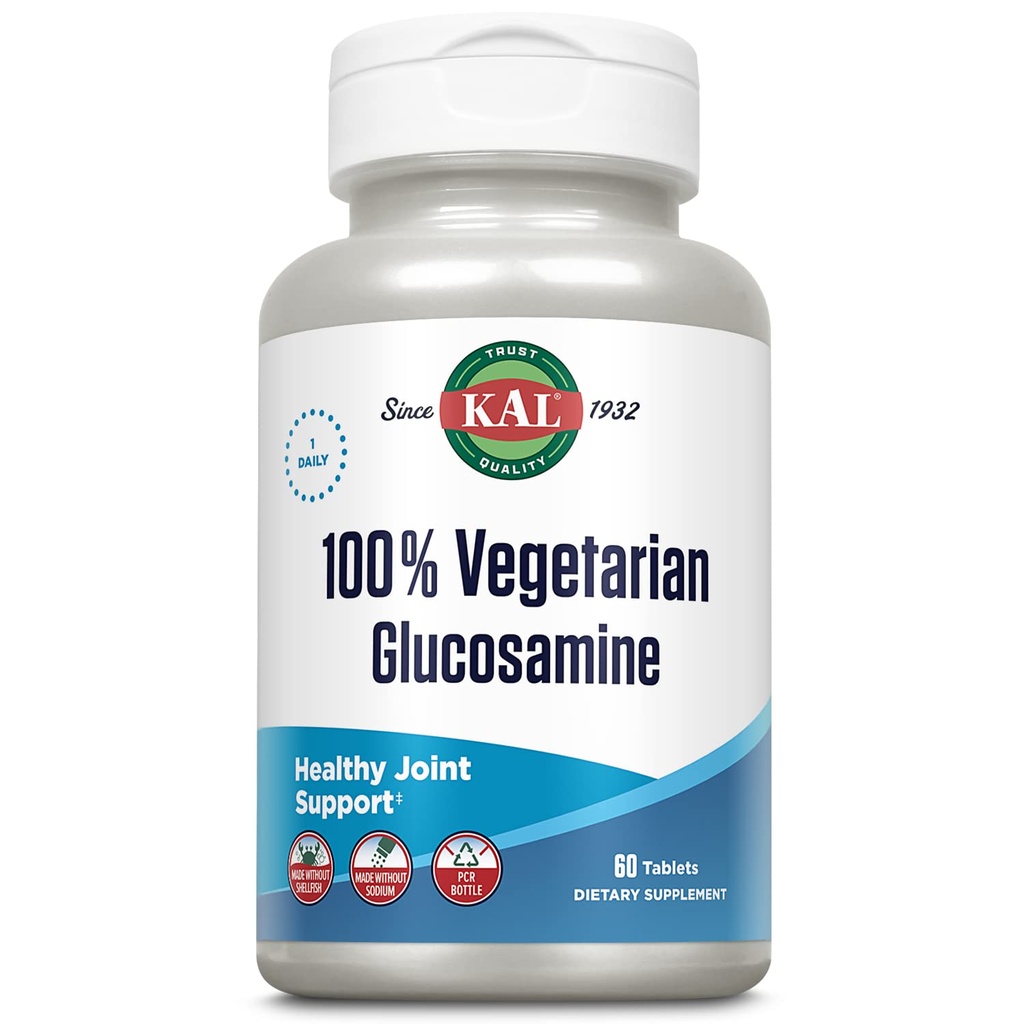 KAL 100% taimetoitlane glükoosamiin 1000 mg, Vegan Glükoosamiin HCl ühine tervisetoetus, mugavuse ja liikuvuse ühine tugi, valmistatud ilma karpideta, 60-päevane garantii, 60 serveerimist, 60 tabletti