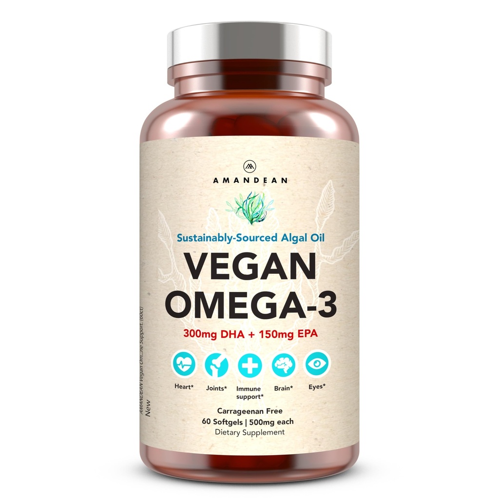 AMANDEAN Vegan Omega 3 täiendus. Premium Fish Oil Alternative. Vetikad DHA & EPA. Karrageeni vabad softgelid. Vetikate asendamatud rasvhapped. Taimne süda, aju, silm, nahk, immuunsus. (60ct)