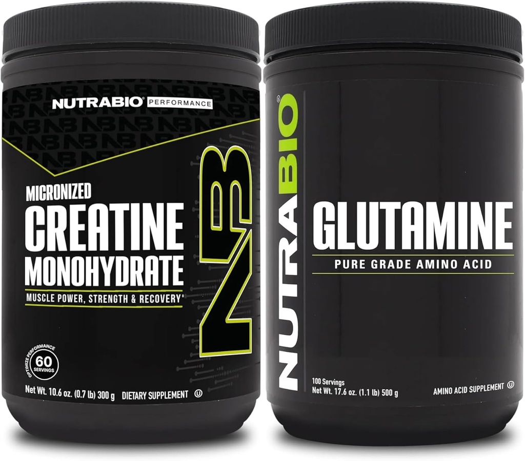 NutraBio kreatiini monohüdraadi lisand, maitsestamata, (300 g) ja L-glutamiini pulber, (500 g) - treeningulisa komplektid toetavad lihaste energiat, taastumist ja tugevust