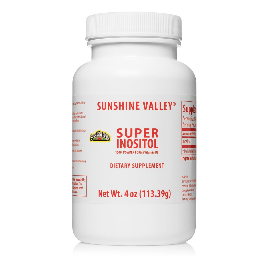 Sunshine Valley® Super inositool, vitamiin B8 pulbriline toidulisand, looduslik PCOS-i viljakuse lisand, hormonaalne tasakaal ja tervislik munasarjafunktsiooni tugi - 4 oz