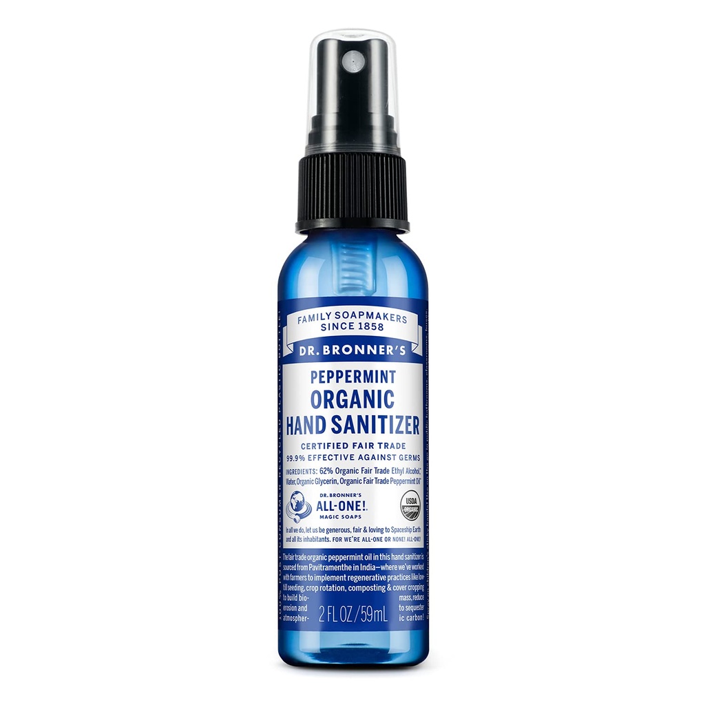 Dr. Bronner's - Orgaaniline käsi Sanitizer Spray (Peppermint, 2 untsi) - lihtne ja tõhus valem, puhastab ja desinfitseerib, ei ole karmid kemikaalid, niisutab ja puhastab käsi