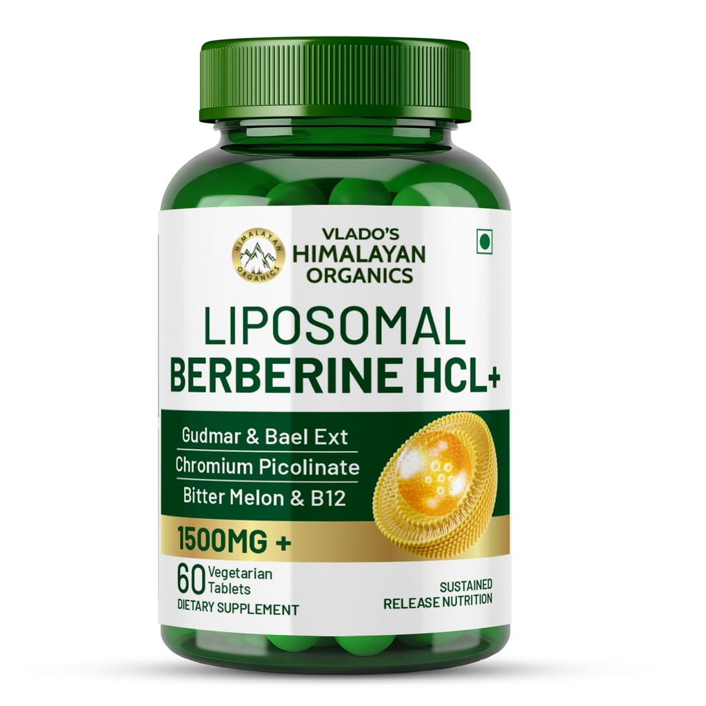 Vlado's Himalayan Organics Liposomal Berberine HCL+ 1500mg+ with Piperine, Chromium , Bitter Melon, Bael, Gudmar & Vitamin B12 |For Metabolism, Hormonal Balance, Healthy Blood Sugar & Cholesterol Levels | 60 Veg Tablets