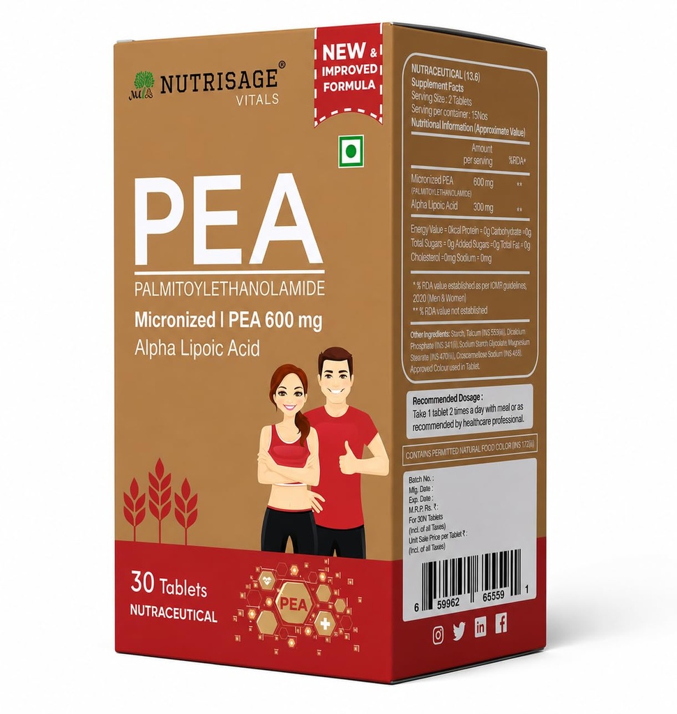 (Palmitoylethanolamide) PEA Supplement 600 mg | Micronized Pea 99% Highly Purified and Bioavailable | Supplement for Men and Women - 60 tab