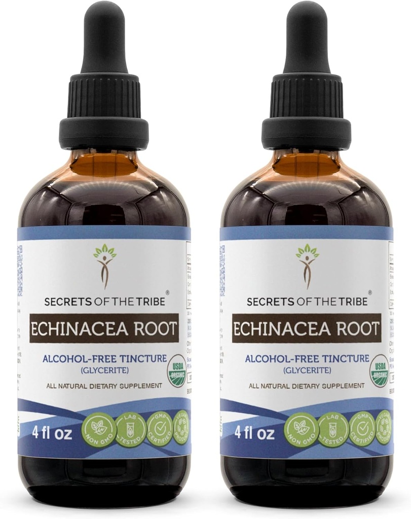 Echinacea Root USDA orgaaniline tinktuur | Alkoholivaba ekstrakt, suure tugevusega taimetilgad, immuunsüsteemi tervis | Valmistatud 100% sertifitseeritud orgaanilisest Echinacea juurest (Echinacea Purpurea) 2x4 oz