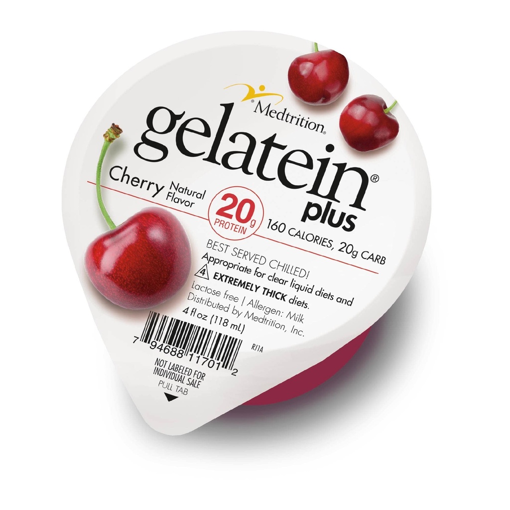 Gelatein Plus Cherry: 20 grammi valku. Ideaalne selge vedela dieedi, neelamisraskuste, dialüüsi ja onkoloogia jaoks. Suurepärane enne või pärast treeningut suupisteid. (12 pakki)