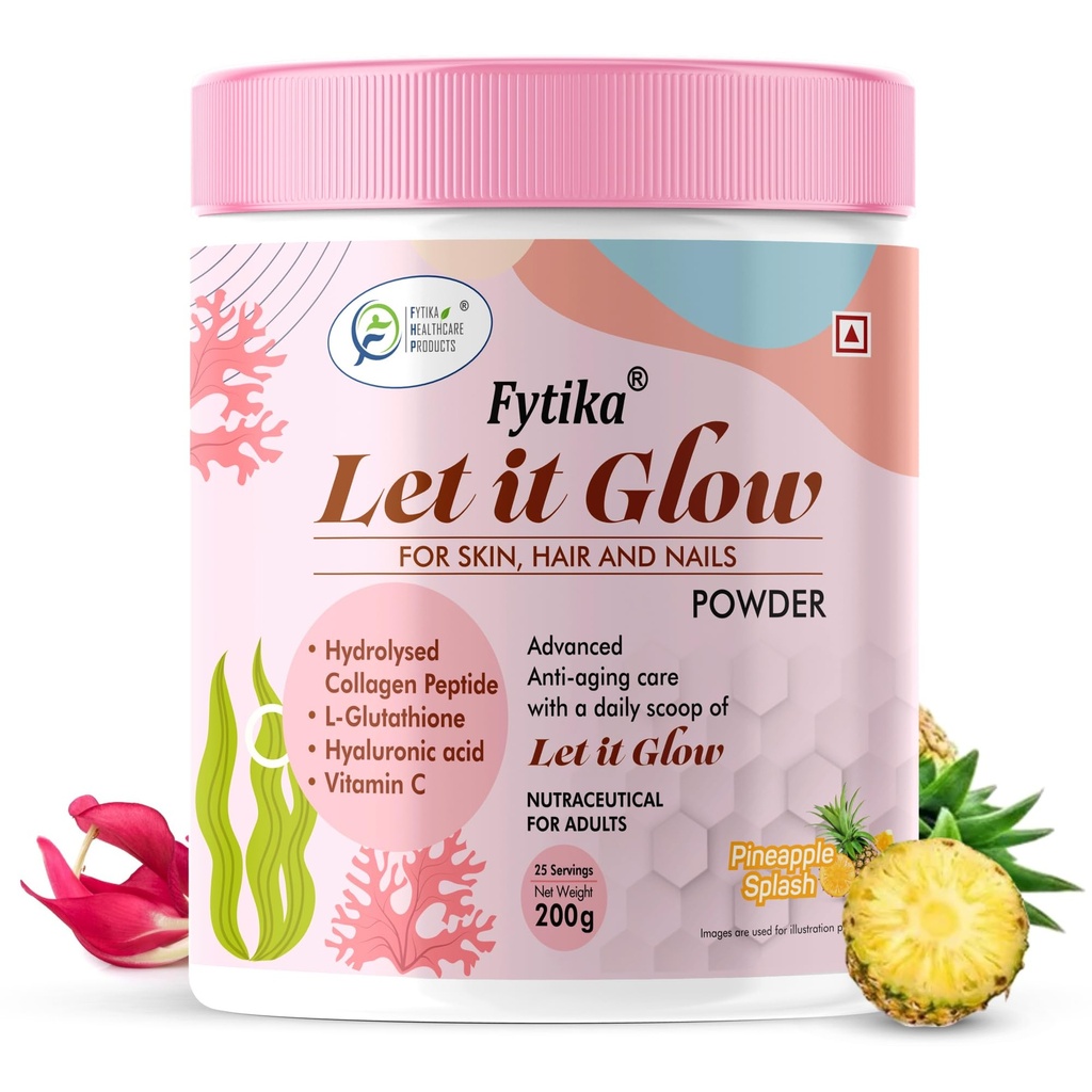 Fytika Let It Glow - 200g (Pineapple, Pack of 1) Marine Collagen Supplement for Men & Women|L- Glutathione, Vitamin C, Sesbania Agati Extract| Helps support healthy skin, hair and nails.