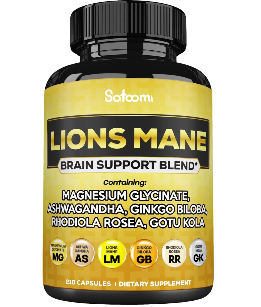 Lions Mane Supplement kapslid magneesiumiga koos Ashwagandha juurega, Ginkgo Biloba, Rhodiola Rosea ja Gotu Kola - 210 Vegan Kapslit - Aju tervise, positiivse meeleolu ja energiatootmise toetamine
