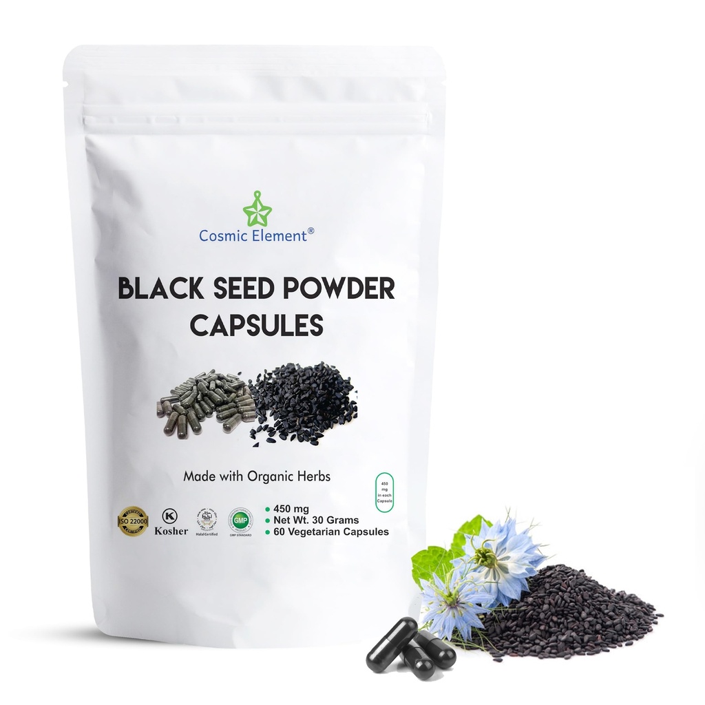 Kosmiline element 100% puhas must seemne pulber kapslid orgaaniline - Vegan Nigella Sativa 450mg Black Cumin seemned serveerimiseks - 60 kapslit