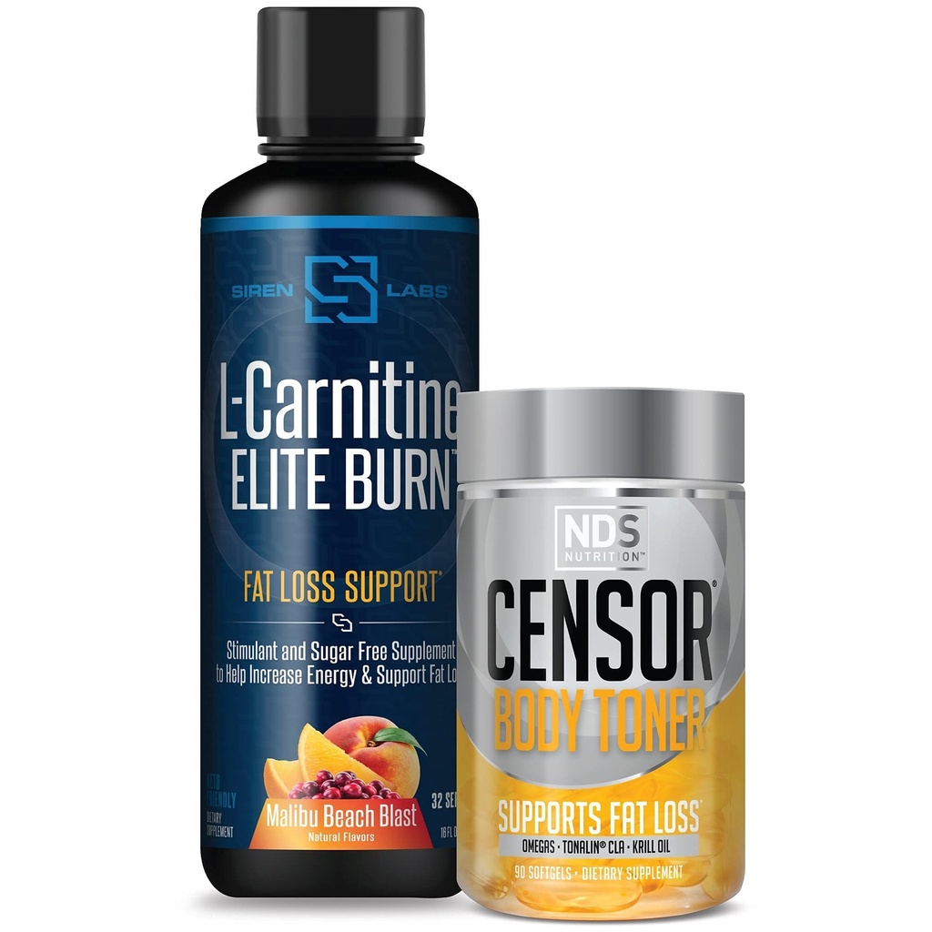 Censor NDS Nutrition Fat Loss-Body Toner koos CLA (90 Softgels) & Siren Labs L-karnitiin Elite Burn Fat Loss Support Malibu Beach Blast 3000 mg (32 Servings)