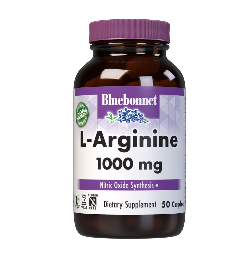 Bluebonnet Nutrition L-Arginine 1000mg, vaba vorm Aminohape, lämmastikoksiidi lähteaine, Gluteenivaba, Non-GMO, Kosher Certified, Vegan, 50 Caplets, 50 Servings